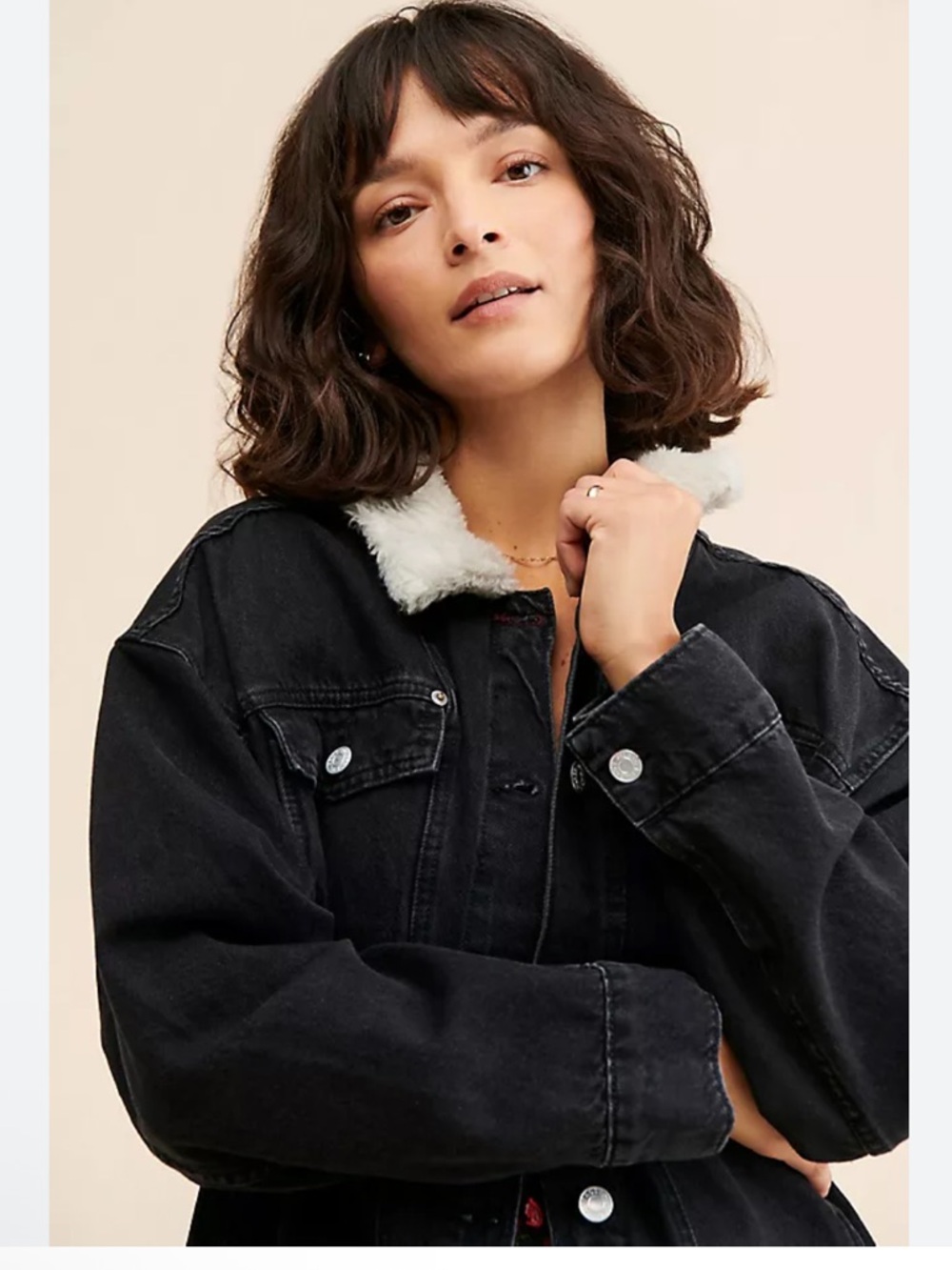 Hollister Black Denim Jacket with White Sherpa Collar